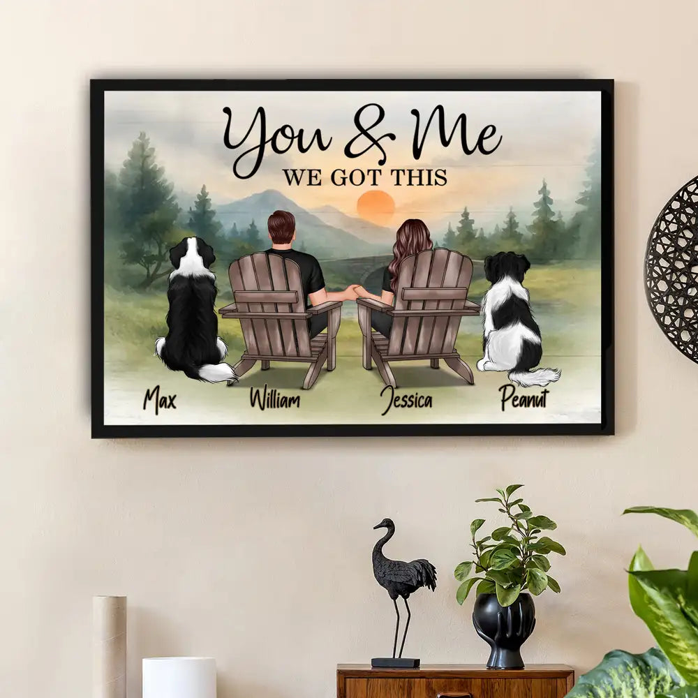 "You & Me and the Dogs – Customizable Couple Poster with Pets, Personalized Beach Scene"