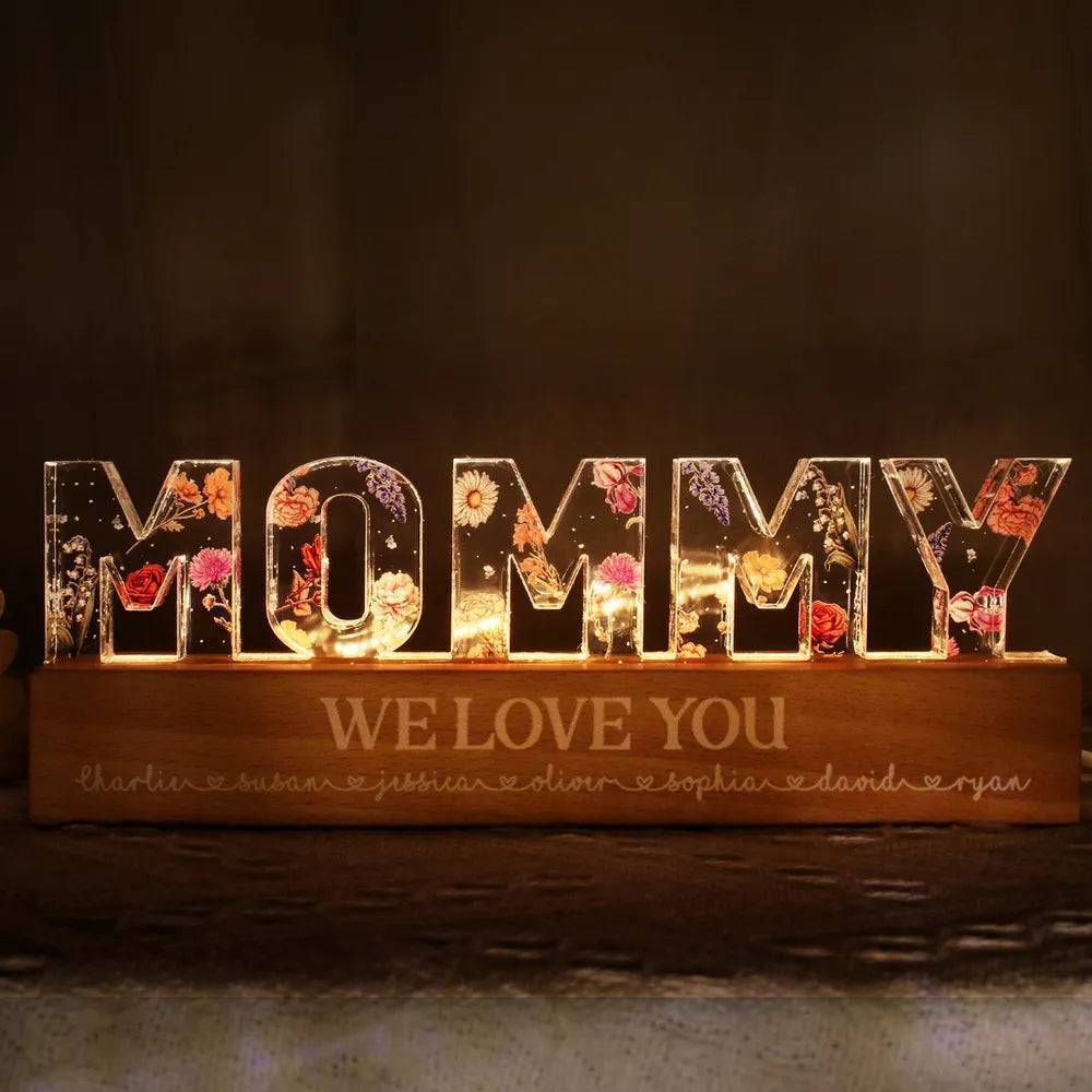 Personalized Block LED Light Plaque with Floral MOMMY Design and Warm Glow for Bedroom or Desk, Unique Gift for Mom