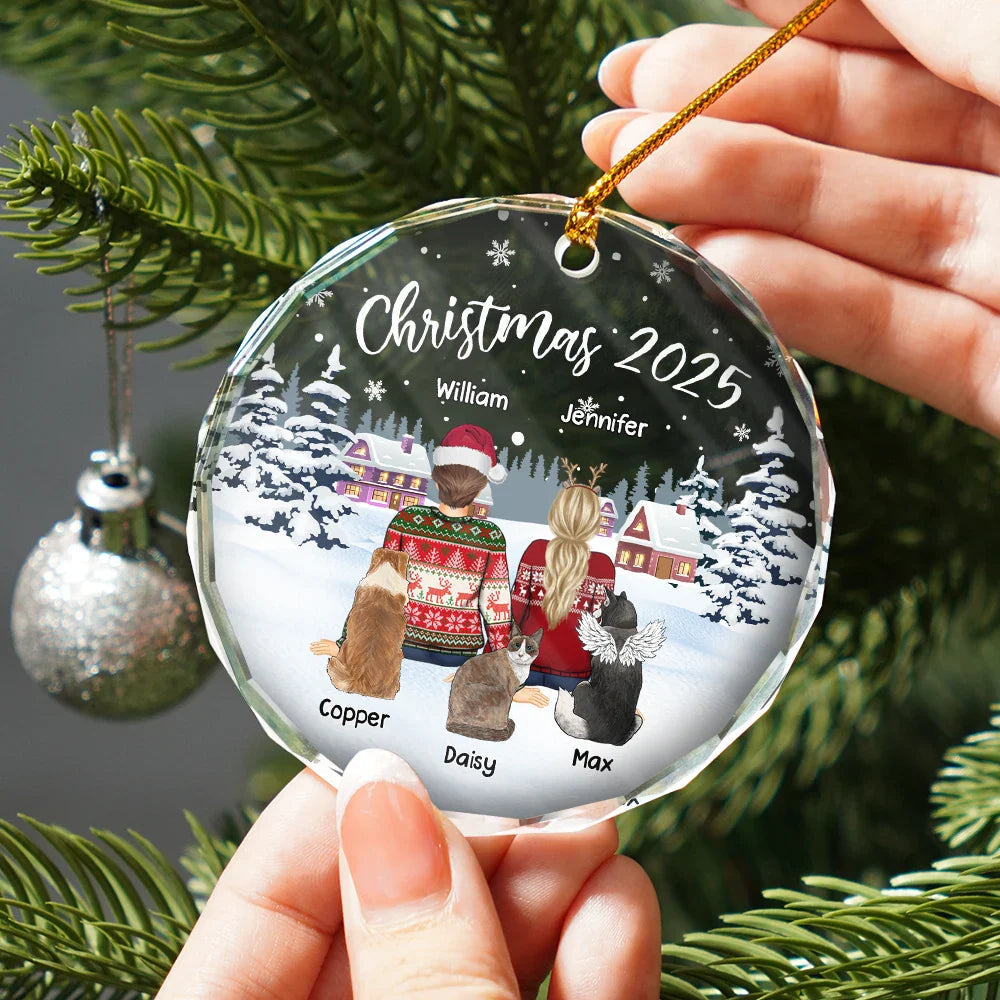 Crystal Ornament with cozy snowy village scene, customizable couple & pets design, perfect Christmas gift