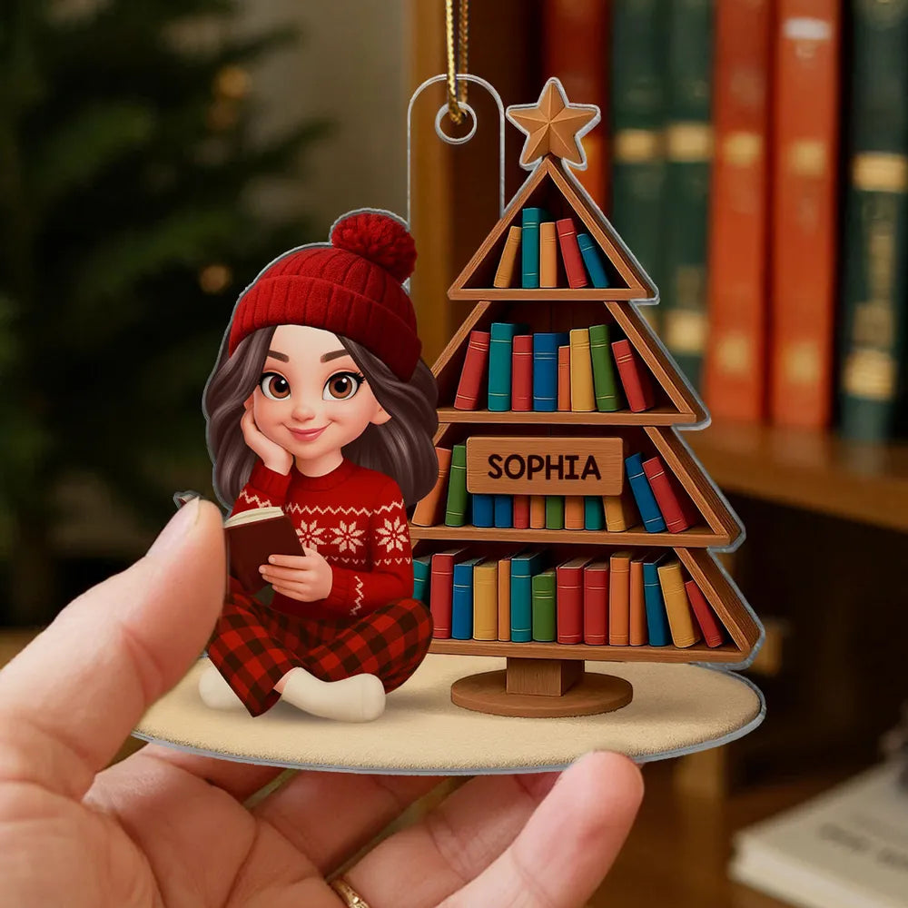 Book Lover Girl Acrylic Ornament – Cozy Holiday Gift for Readers, Festive Tree Decoration