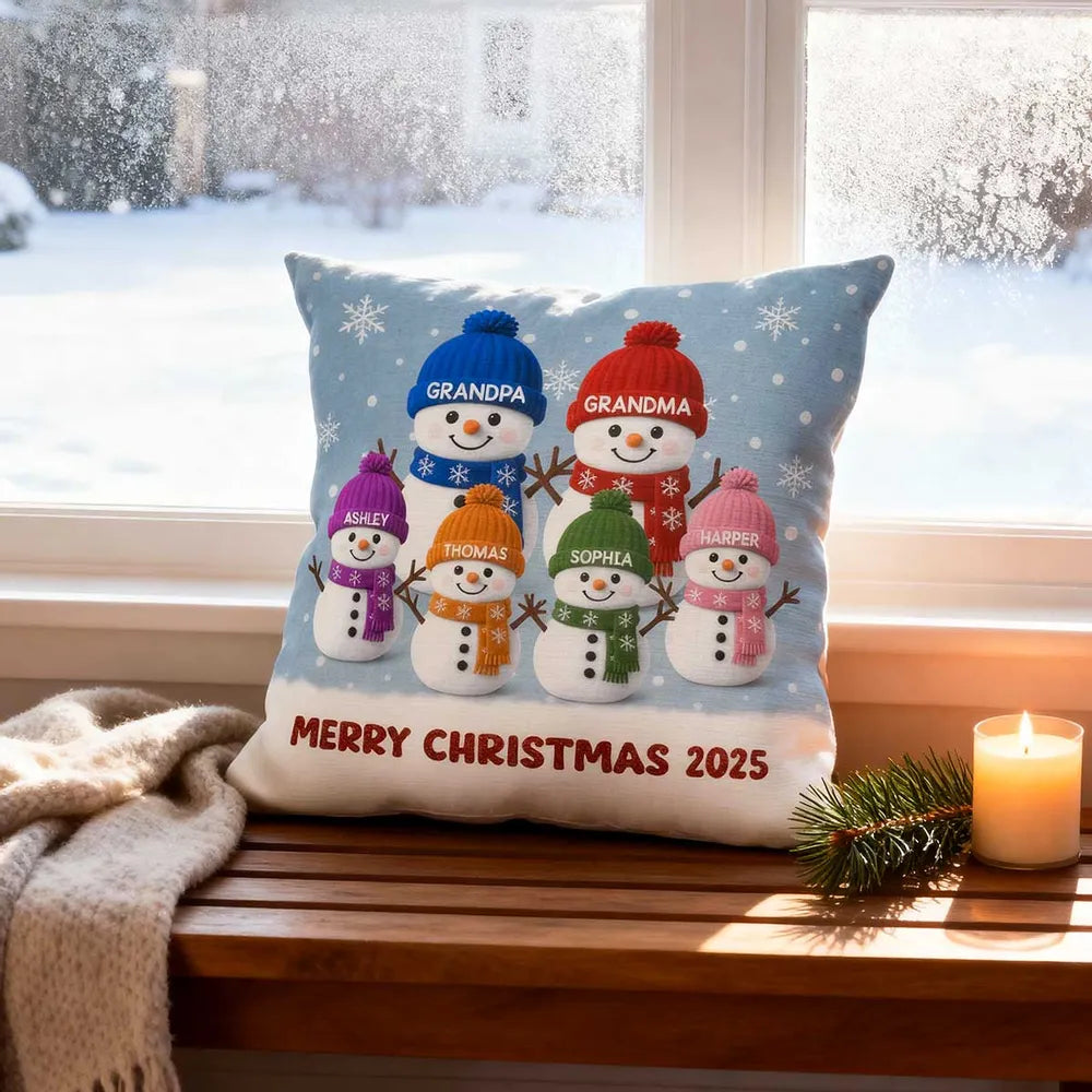 Square Pillow with Cute Snowman Family, plush velvet feel, festive room accent and creative gift for Grandma & Grandpa