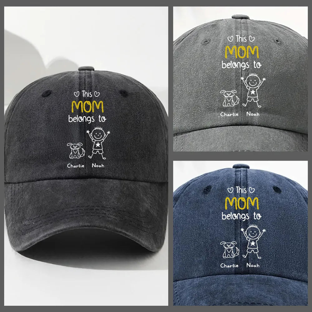 Baseball Cap, Washed Denim Personalized 'This Dad Belongs To' Design, Adjustable & Breathable - Unique Gift for Dad