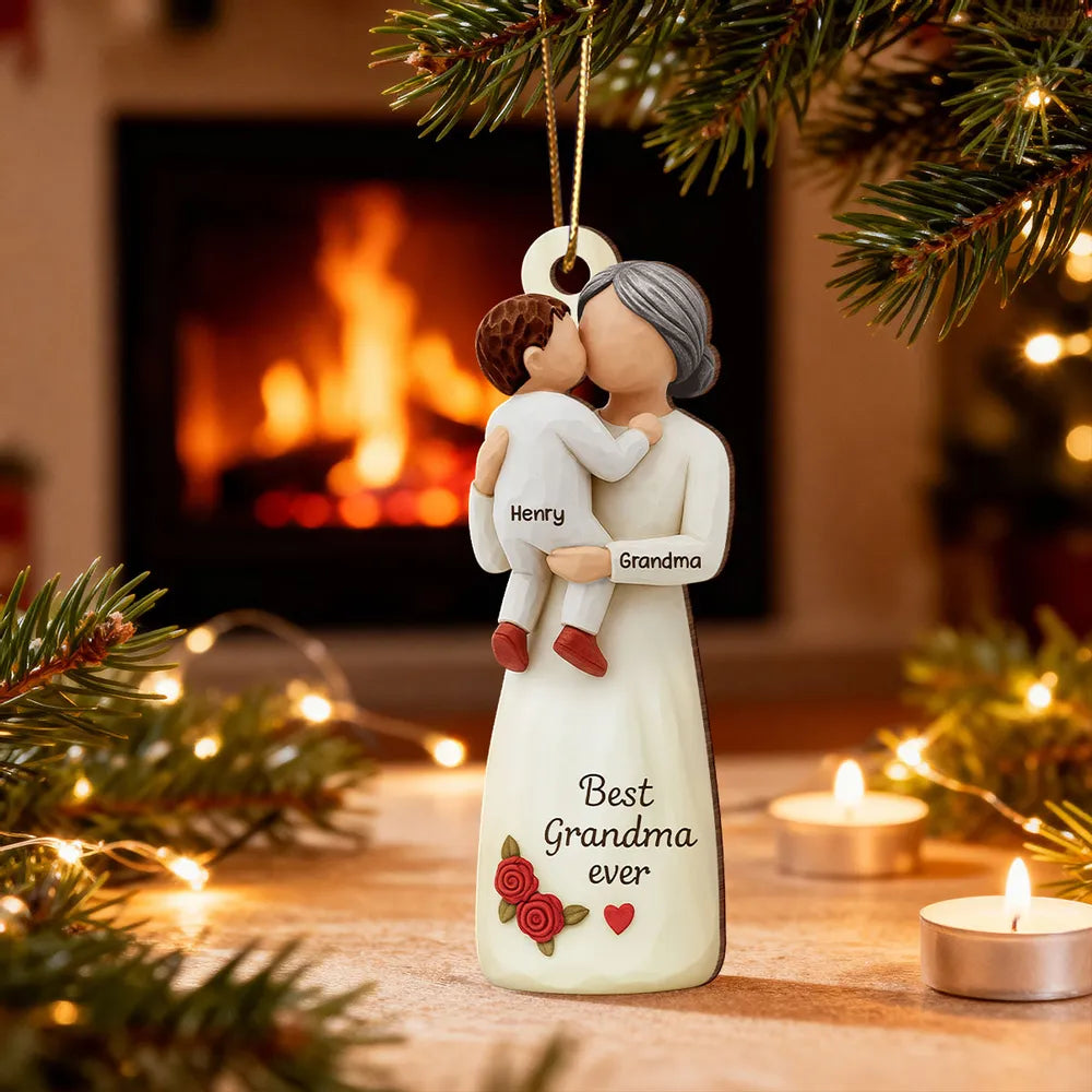 Wooden Ornament - Personalized Grandma & Grandchild Hug, Holiday Tree Decor, unique gift that says 'I love you'