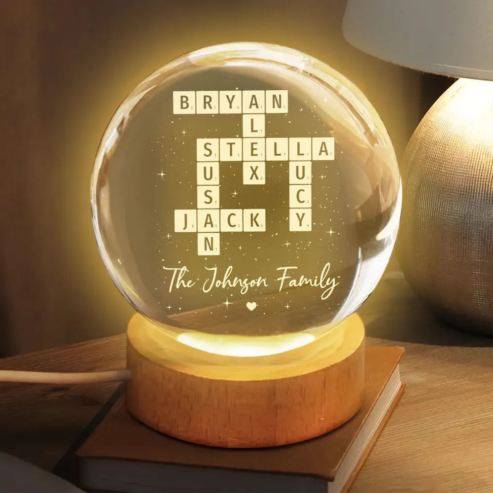 Custom Crossword Family Name Globe Lamp, Cozy Warm Light for Bedroom or Living Room, Thoughtful Unique Gift