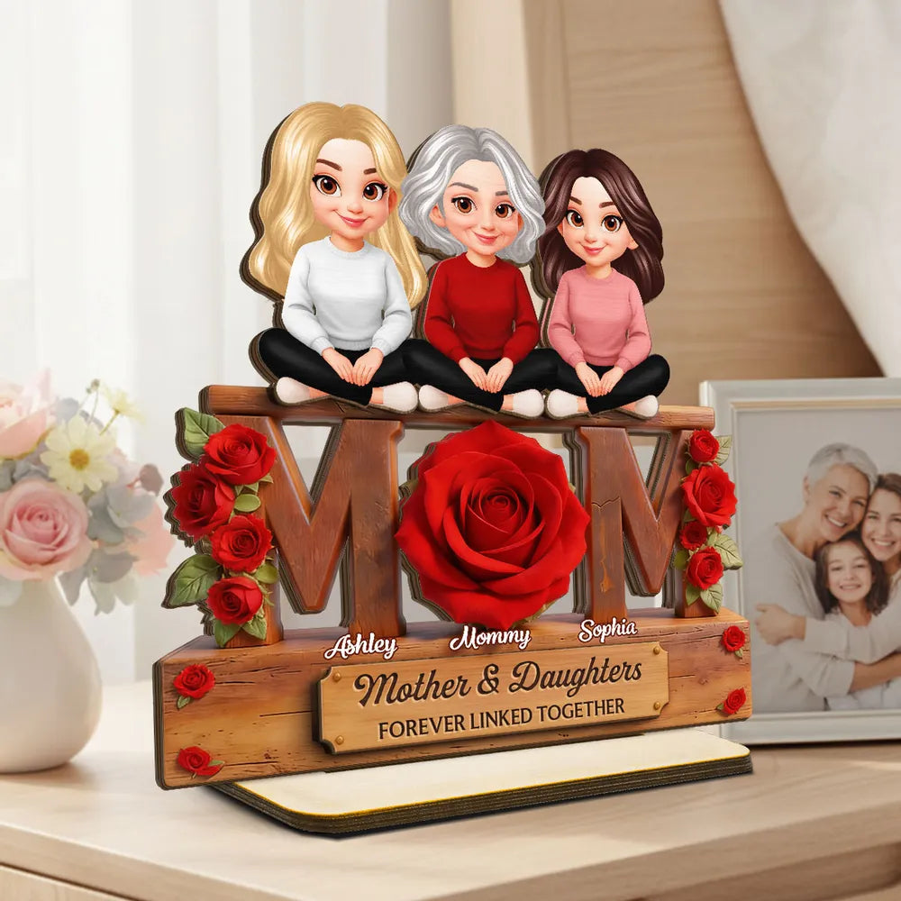 Personalized 2-Layer Wooden Plaque Mom & Daughters Roses Living Room Decor, Unique Gift for Mom