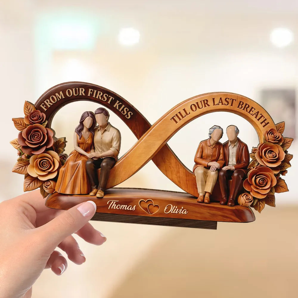 Personalized 2-Layer Wooden Plaque Infinity Couple With Roses, From Our First Kiss Quote, Unique Anniversary Gift For Him & Her