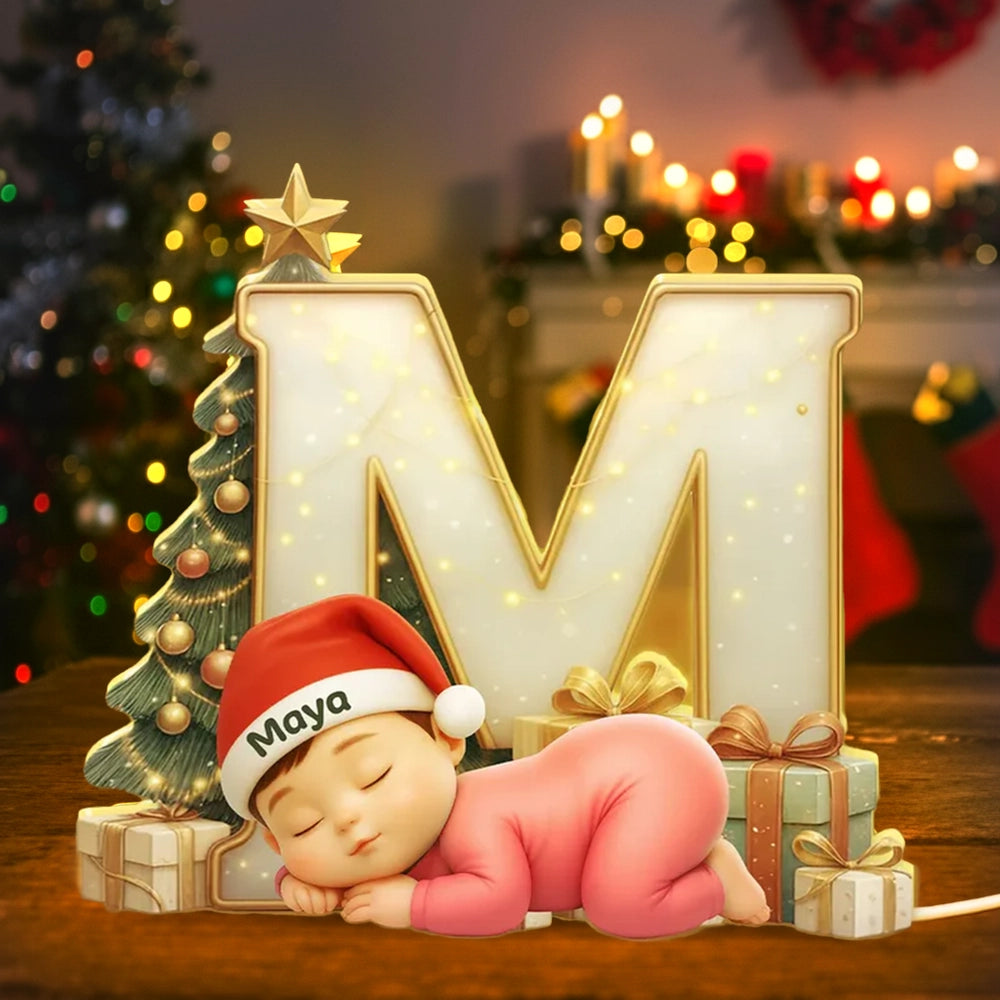 Baby Sleeping Initial Monogram Acrylic Ornament, Christmas Tree & Lights, unique gift for New Parents and Grandparents