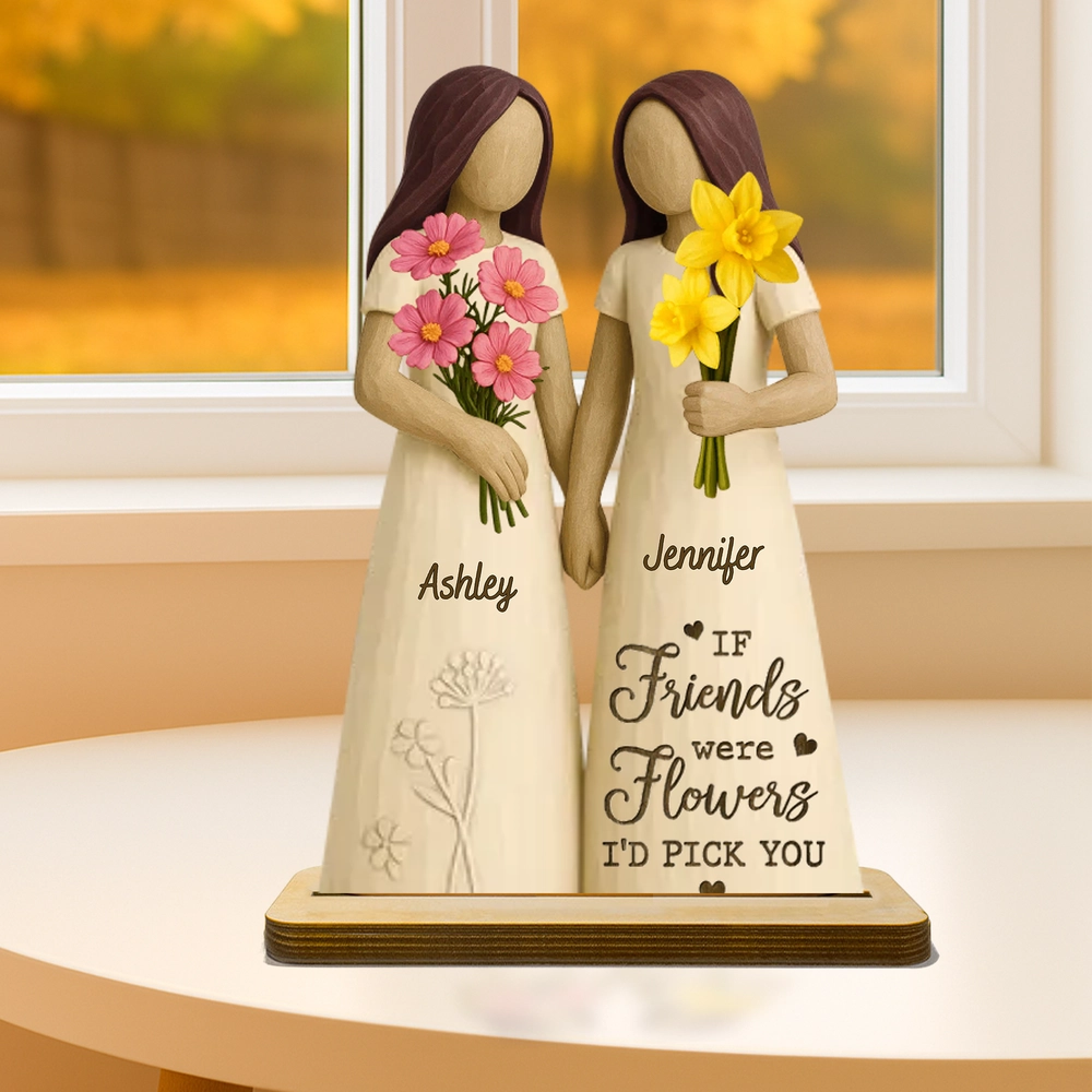 Wooden Plaque for Best Friends – Hand-in-Hand figurine with flowers, cozy mantel décor and heartwarming keepsake, perfect gift to celebrate lifelong friendship