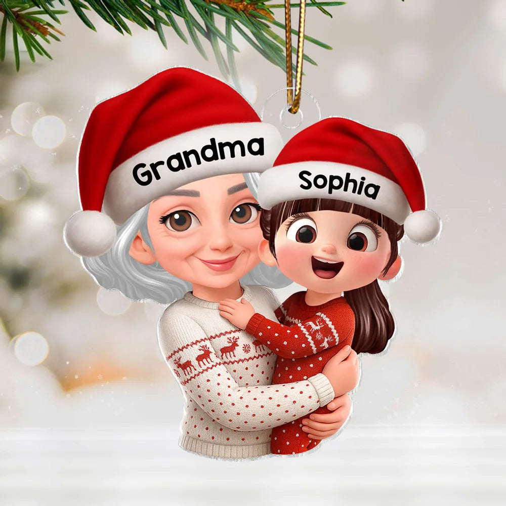 Christmas Acrylic Ornament - Grandma Hugging Grandkid in Santa Hats, Cute Cartoon Tree Decor, a Unique Gift for Family