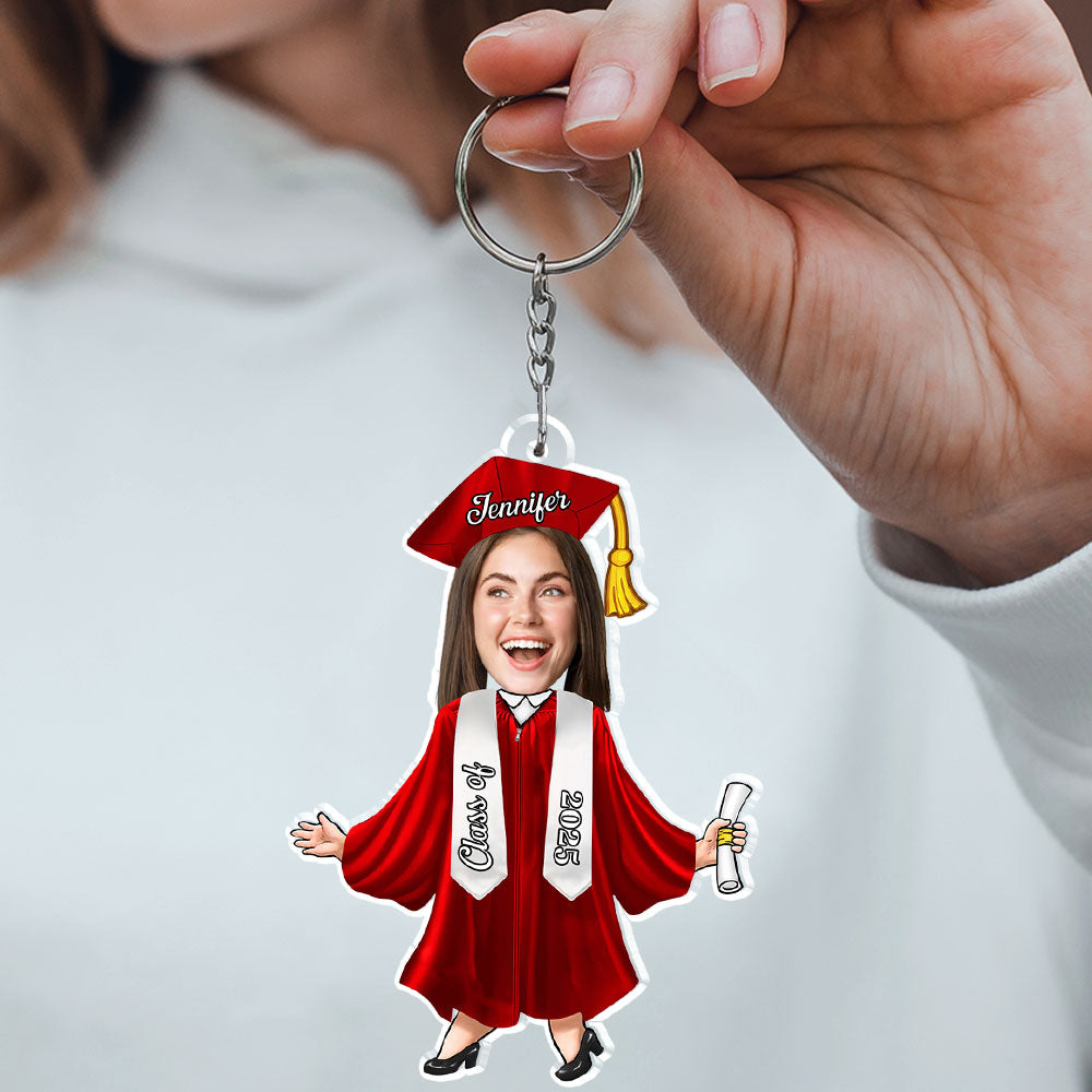 Custom Graduation Face-Cutout Acrylic Keychain – Cap, Gown & Diploma, Funny Keepsake Gift for the New Grad