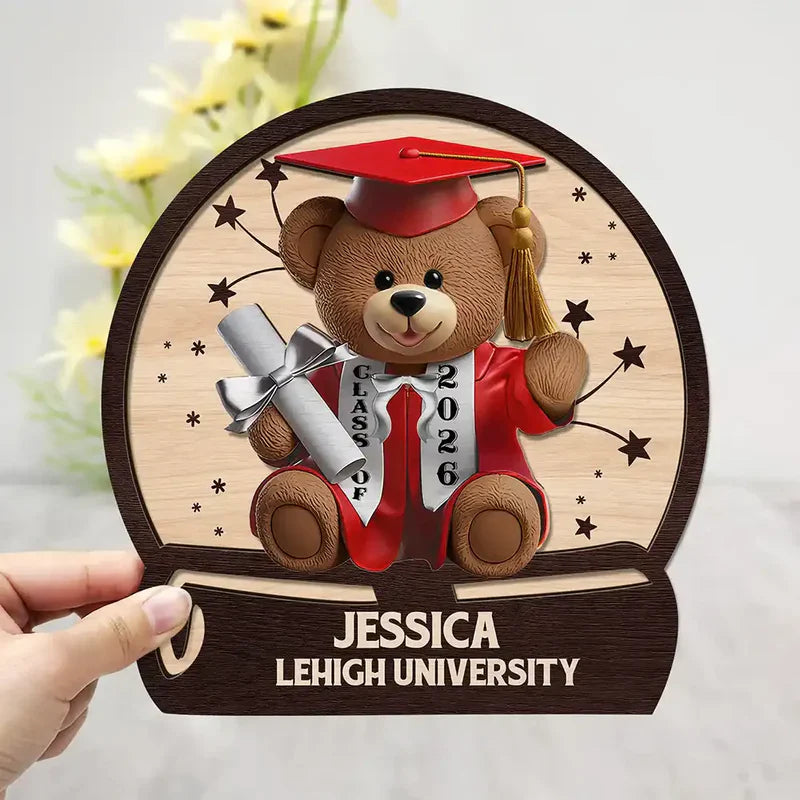 Custom Graduation Bear 2-Layer Wooden Plaque for Nursery or Living Room Display, Sweet Congrats Keepsake, Thoughtful Gift