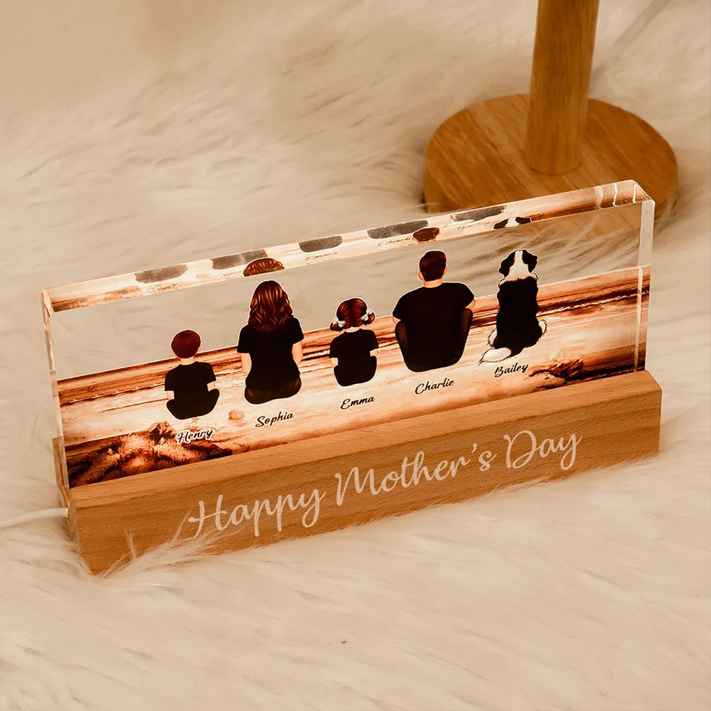 Family Sitting Back View Retro Vintage Beach Landscape Block LED Light Plaque, Mother's Day Gift Featuring Children and Pets