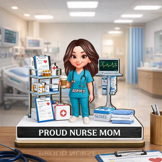 Personalized Proud Nurse Mom 2-Layer Wooden Plaque, Cartoon Nurse in Hospital Scene, Unique Gift for Mom