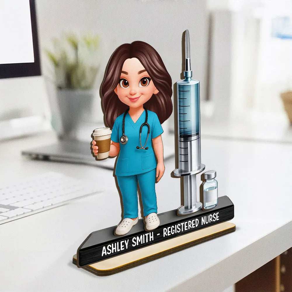Personalized 2-Layer Wooden Plaque Nurse Figurine with Scrubs & Stethoscope - Unique Gift for Nurses