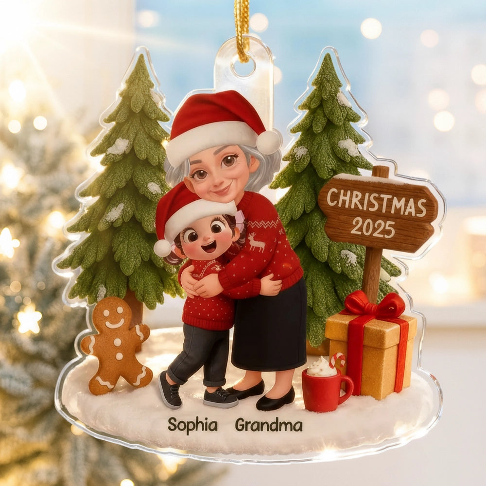 Acrylic Ornament Featuring Grandma & Granddaughter Hug, Christmas Tree Scene, Clear Print, Perfect Holiday Gift