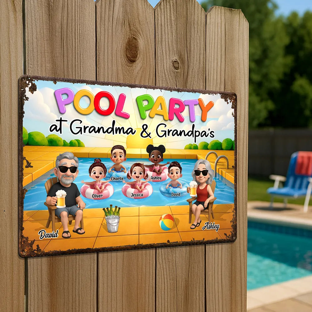Summer Pool Party Vibes – Personalized Iron Sign with Family Illustration, Gift for Grandma & Grandpa