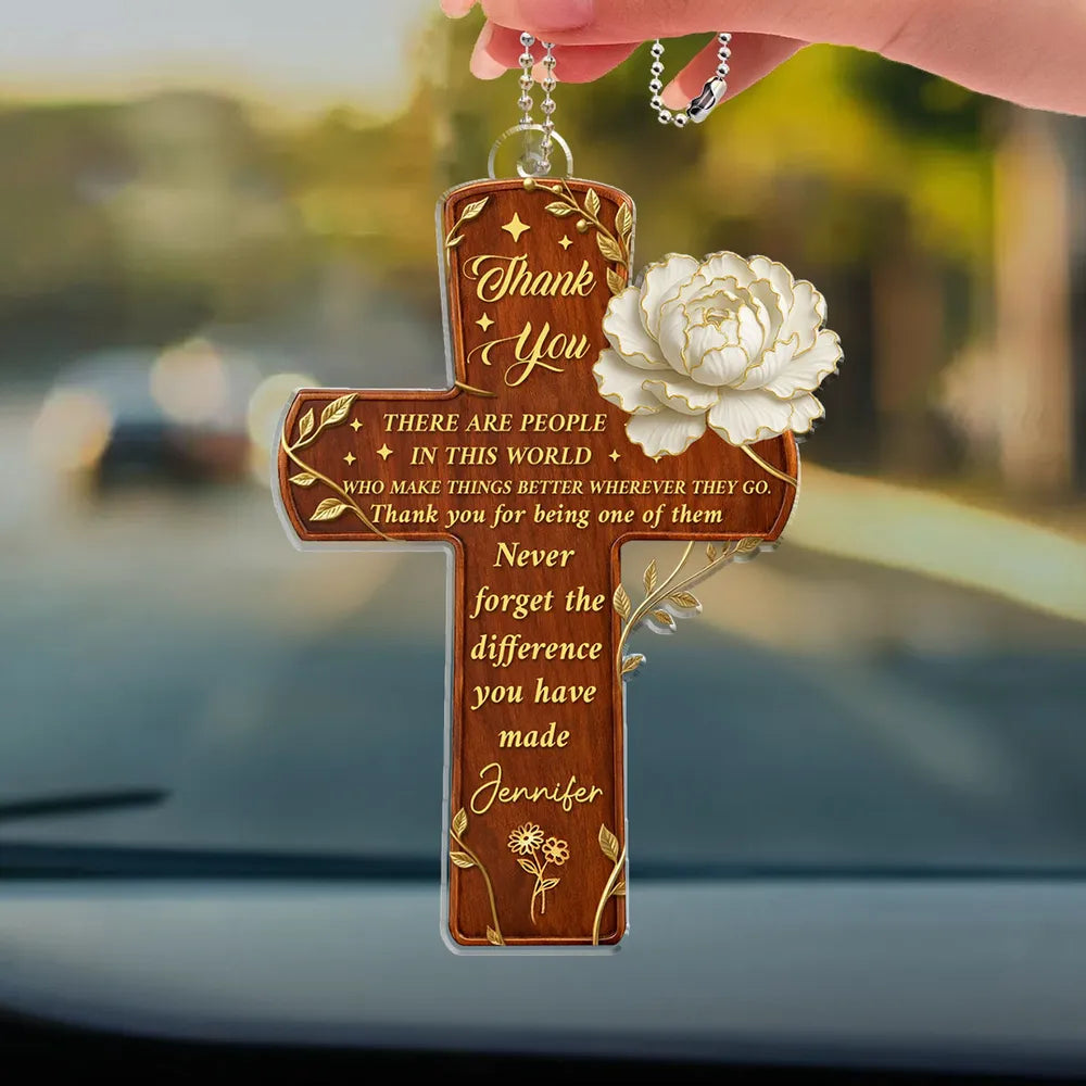 Acrylic Car Hanger Gratitude Cross With Flowers, Personalized Thank You Keepsake, Unique Appreciation Gift