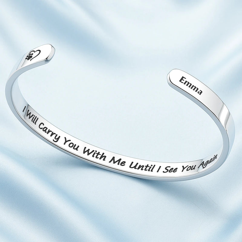 Personalized Stainless Steel Cuff Bracelet With Pet Paw Print Quote, Unique Pet Memorial Gift For Dog Lovers