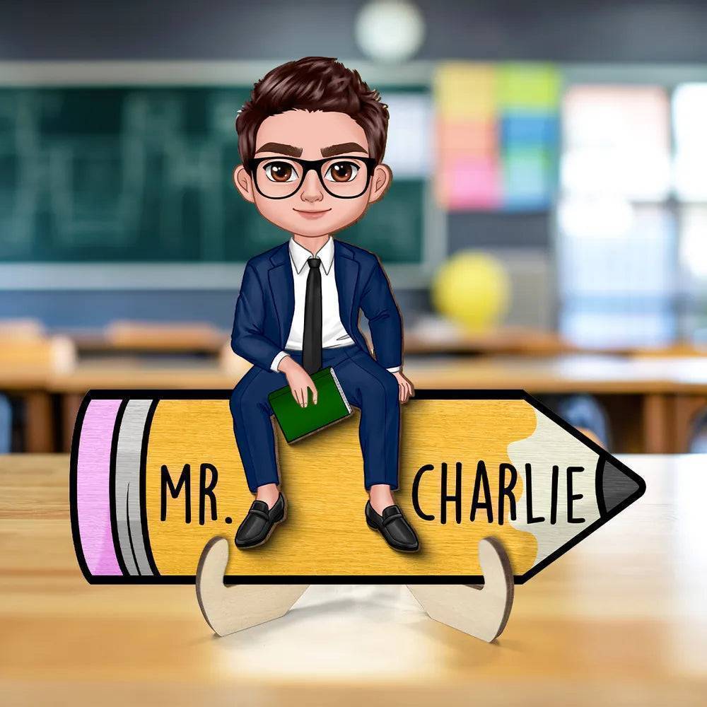 Doll Teacher Sitting On Pencil Personalized Wooden & Acrylic Plaque/Keychain - Back To School Gift For Teacher, Office Decor