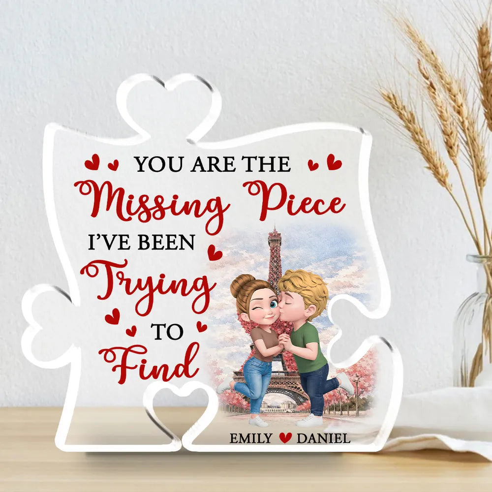 Personalized Puzzle Acrylic Block Plaque You Are The Missing Piece Cute Cartoon Couple Kissing, Unique Anniversary Gift