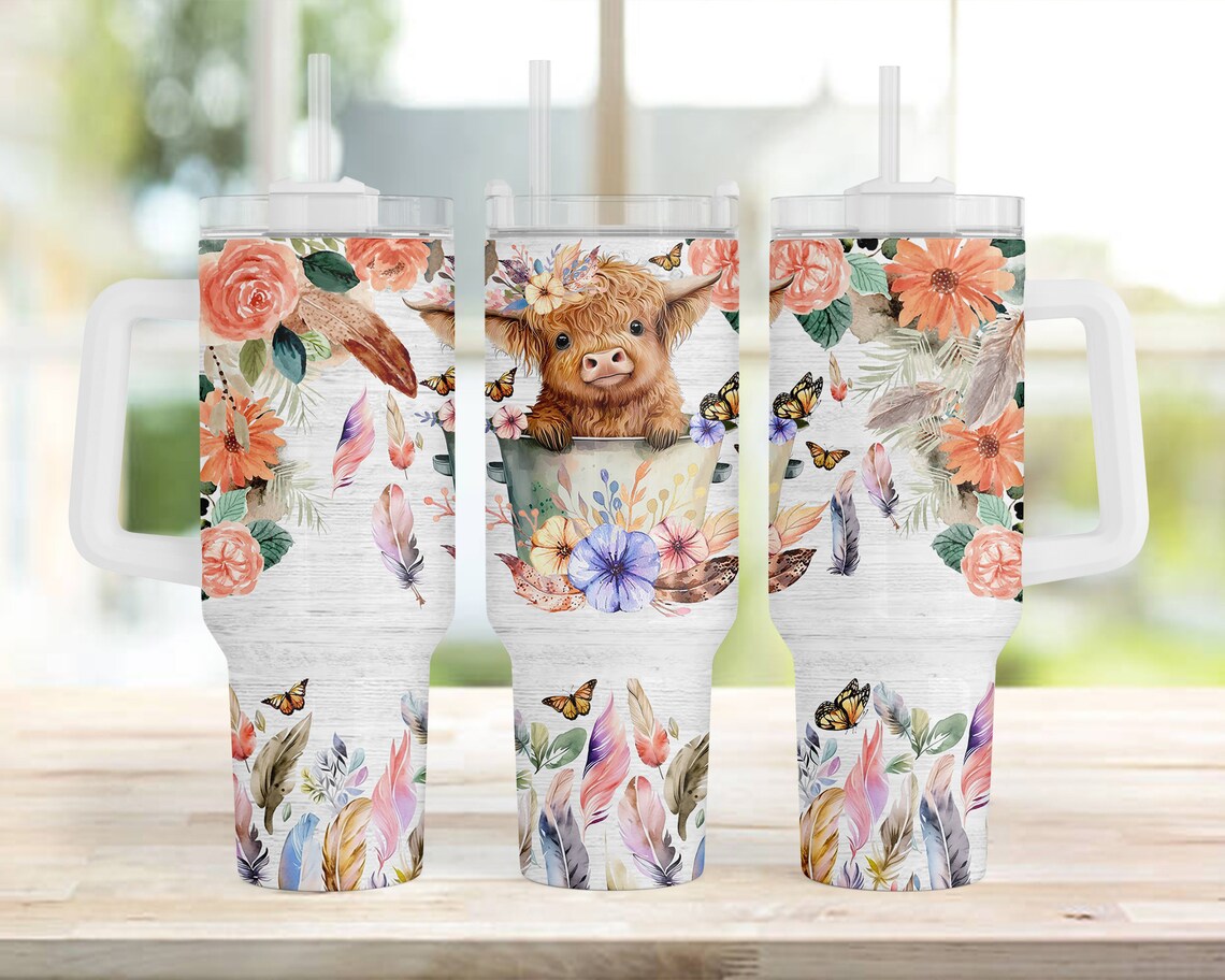 Floral Highland Cow Highland Cow Tumbler  With Handle 0624