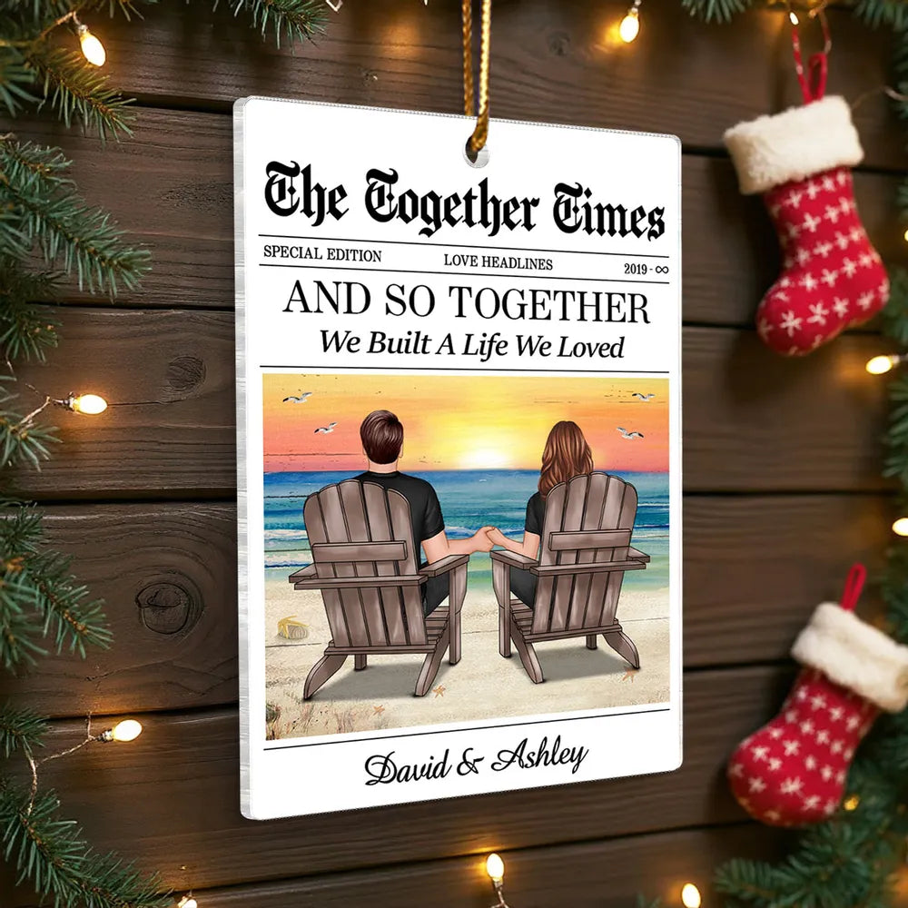 Couples Beach Newspaper-Style Acrylic Ornament – Romantic Custom Keepsake, Perfect Gift for Christmas or Anniversary