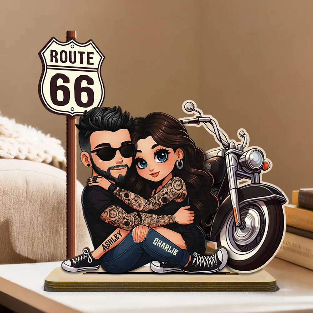 Personalized 2-Layer Wooden Plaque Biker Couple Hugging by Route 66 Motorcycle - Unique Gift For Couples