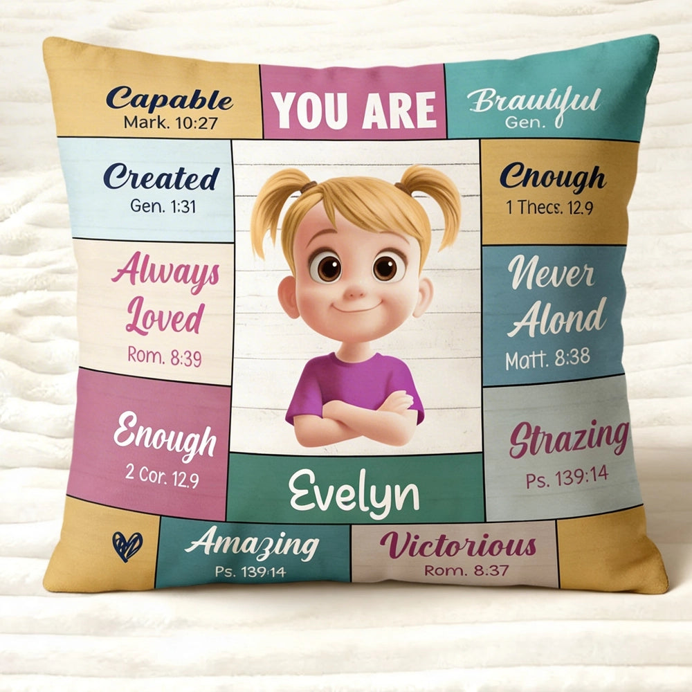 Square Pillow with 'You Are' Bible Verse Affirmations, Bright Pastel Nursery Accent, Thoughtful Personalized Gift for Kids