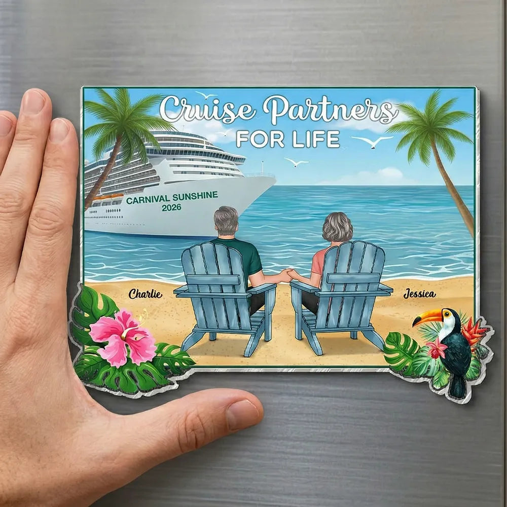 Acrylic Magnet Personalized Cruise Beach Scene - Back View Couple in Adirondack Chairs, Sweet Romantic Gift for Couples