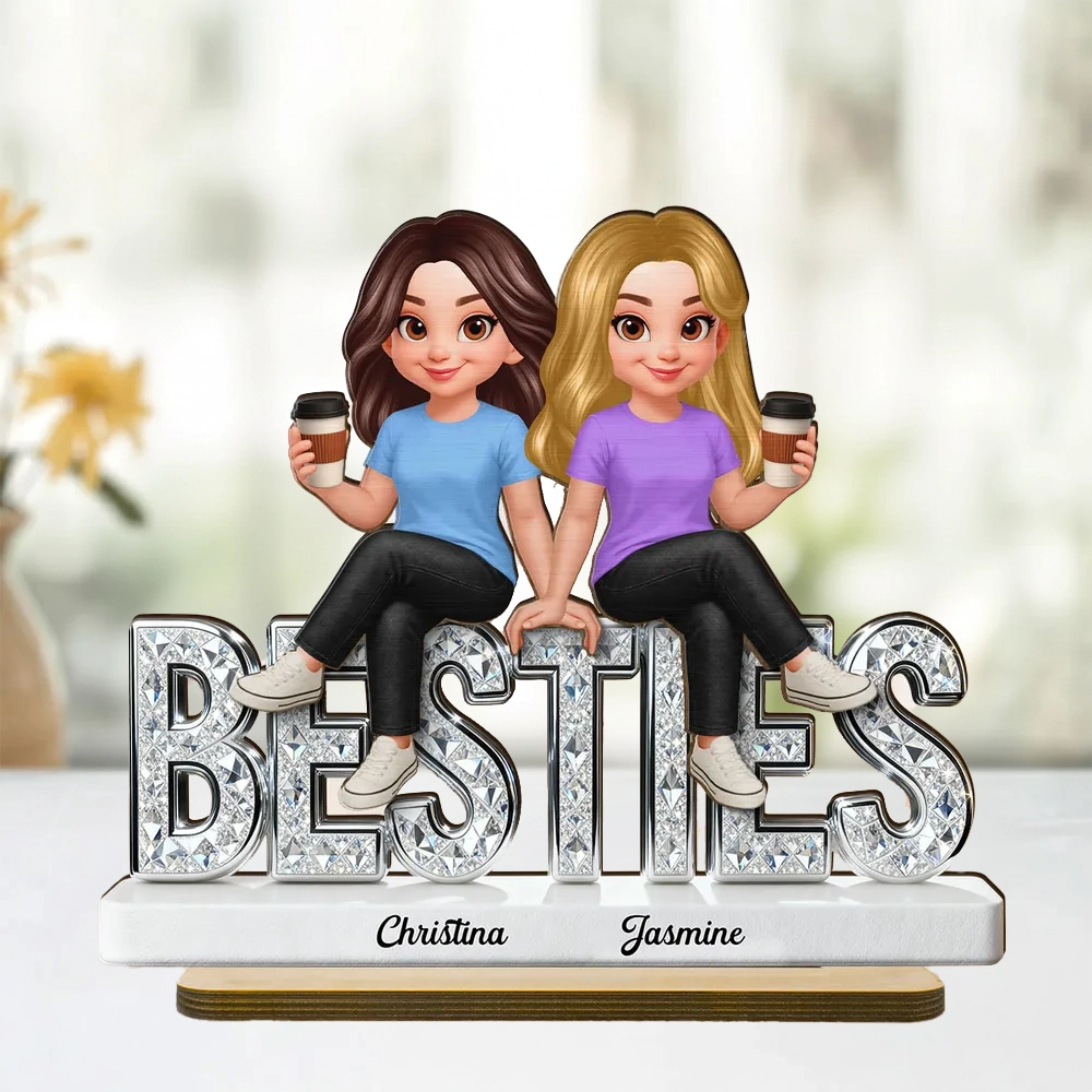 Personalized Besties 2-Layer Wooden Plaque, Cute Cartoon Best Friends Holding Coffee, Unique Gift for Best Friend