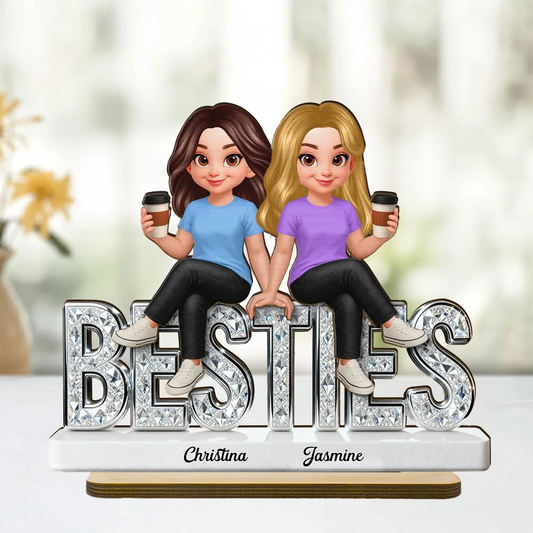 Personalized Besties 2-Layer Wooden Plaque, Cute Cartoon Best Friends Holding Coffee, Unique Gift for Best Friend