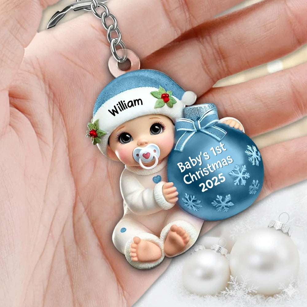 Personalized Acrylic Keychain for Baby's First Christmas, Cute Snowy Ornament Design, Sweet Keepsake & Unique Christmas Gift