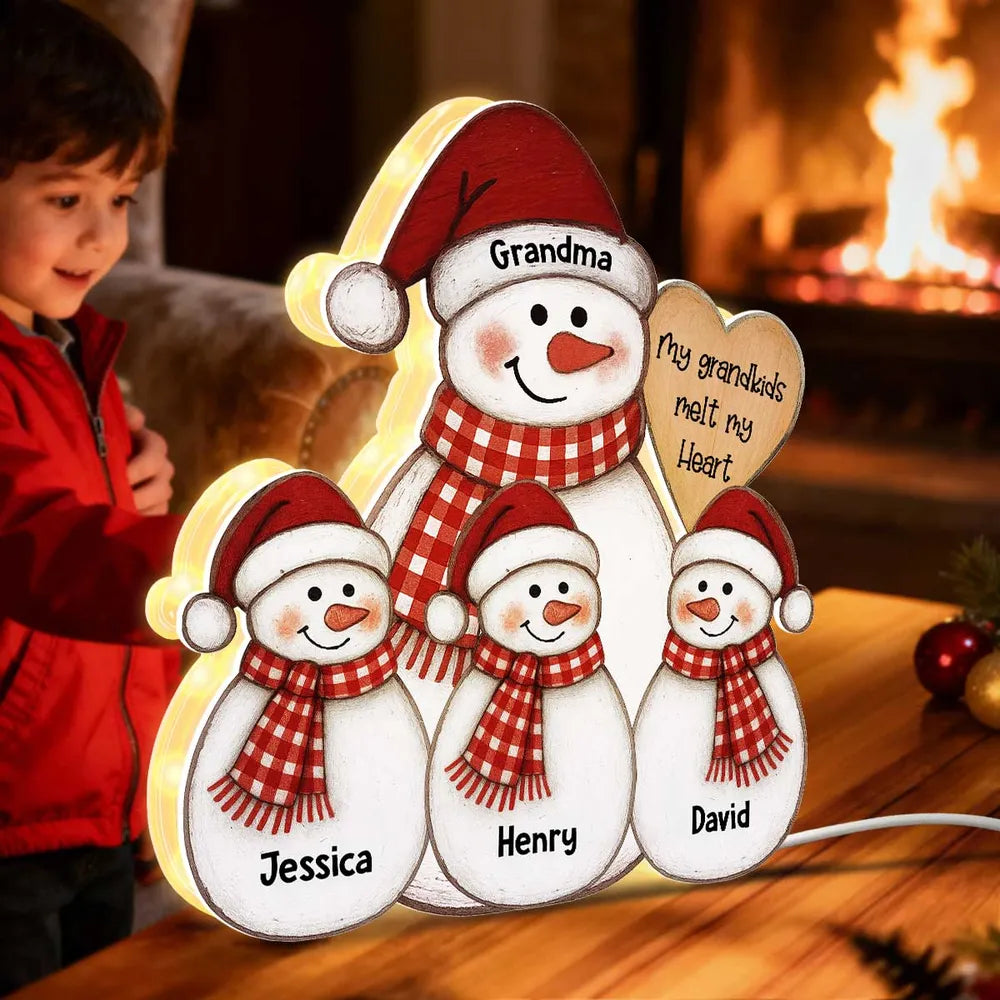 Acrylic Light Box Snowman Grandma & Grandkids, Christmas folk art, warm glow, unique gift for Grandma
