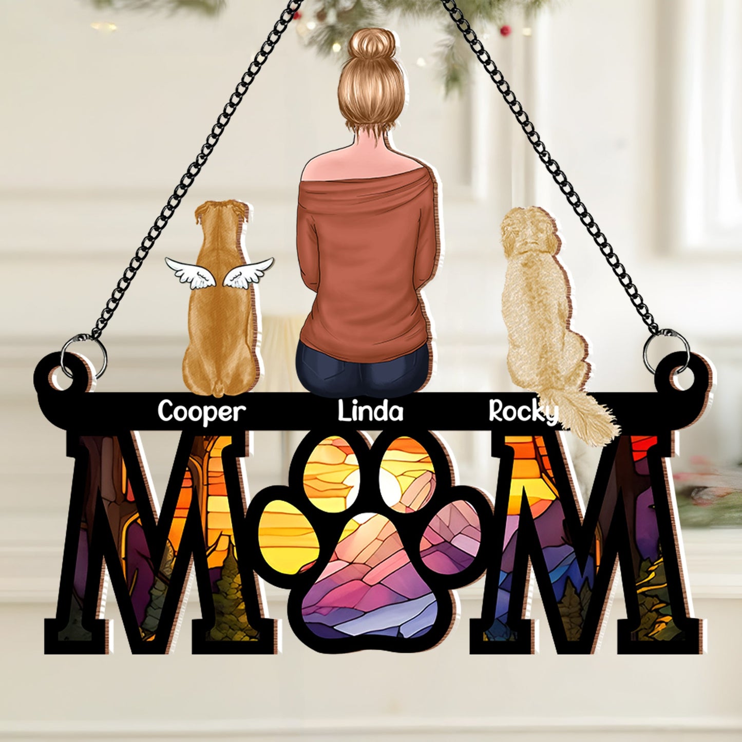 "Mom and Her Dogs" Themed Hanging Ornament, Wood and Acrylic Layers, Perfect Gift for Mother’s Day, Birthdays, or Special Occasions