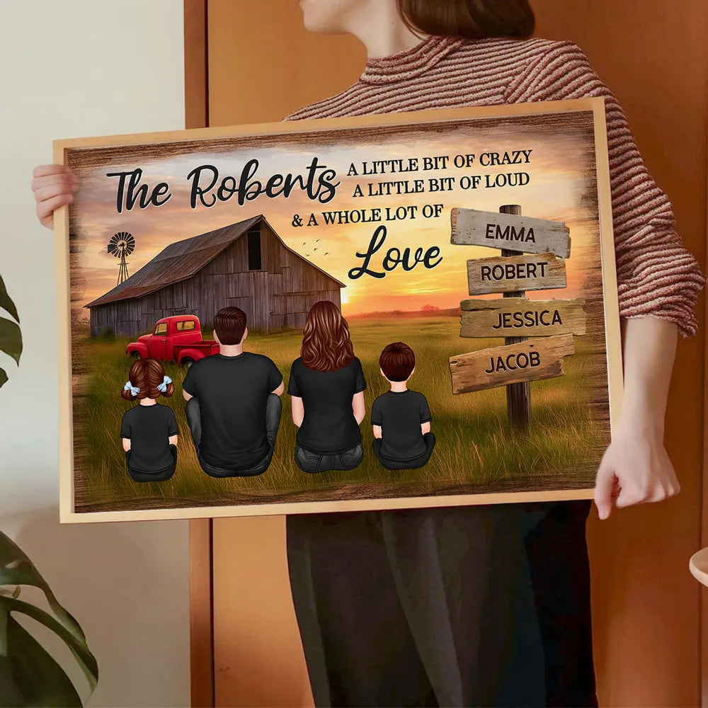 Custom Rustic Farm Family Poster Sunset Barn and Kids with Dog Cozy Country Decor Unique Father's Day Gift