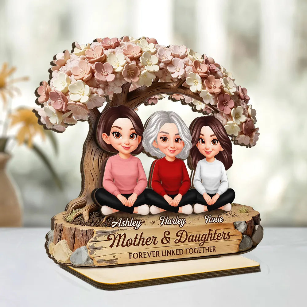 Mother & Daughters Forever Linked Together 2-Layer Wooden Plaque, Personalized Family Keepsake Gift for Mom