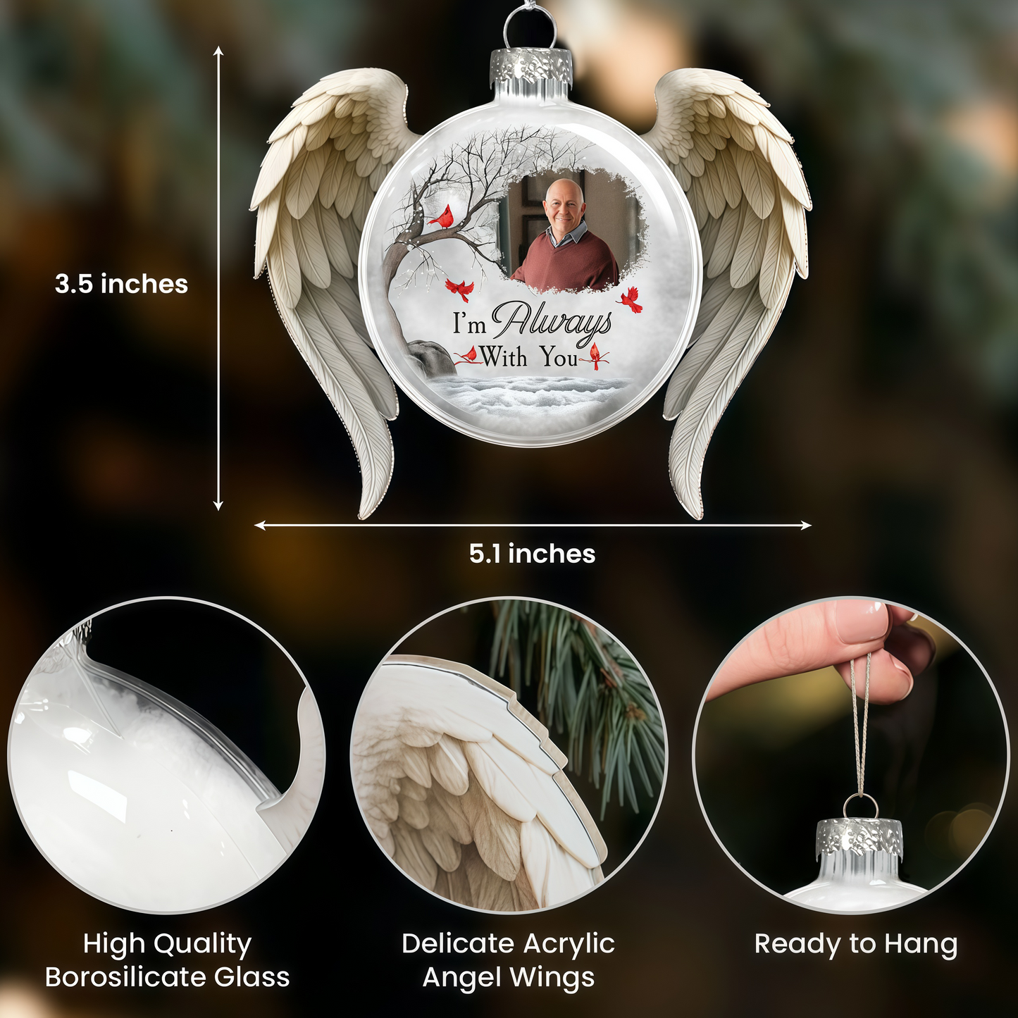 Custom Acrylic Flat Ball Ornament with Photo & Cardinals – I Am Always With You Memorial Christmas Gift for Remembering a Loved One