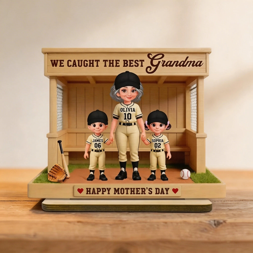 Personalized 2-Layer Wooden Plaque with Baseball Grandma and Grandkids in a Dugout - Unique Mother's Day Gift