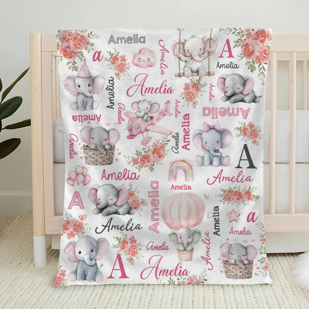 Custom Name Baby Fleece Blanket with Cute Pink Elephant Illustrations, Lightweight Cozy Throw, Adorable Personalized Gift