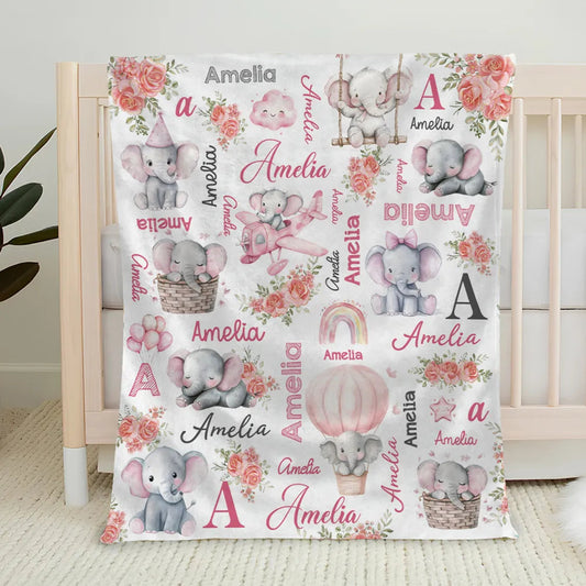 Custom Name Baby Fleece Blanket with Cute Pink Elephant Illustrations, Lightweight Cozy Throw, Adorable Personalized Gift