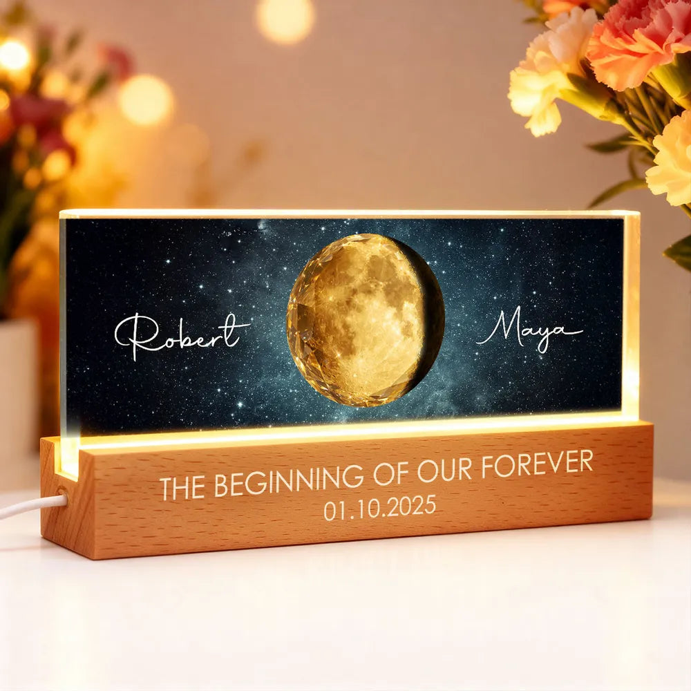 Personalized Moon Phase Block LED Light Plaque for Couple - Starry Night Bedside Decor, Unique Anniversary Gift