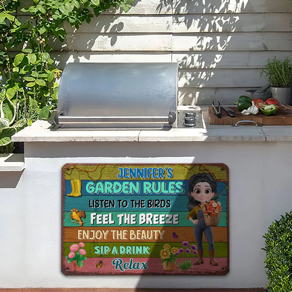 Garden Rules Custom Rectangular Iron Sign – Listen to the Birds, Feel the Breeze, Enjoy the Beauty – Gift for Garden Lovers