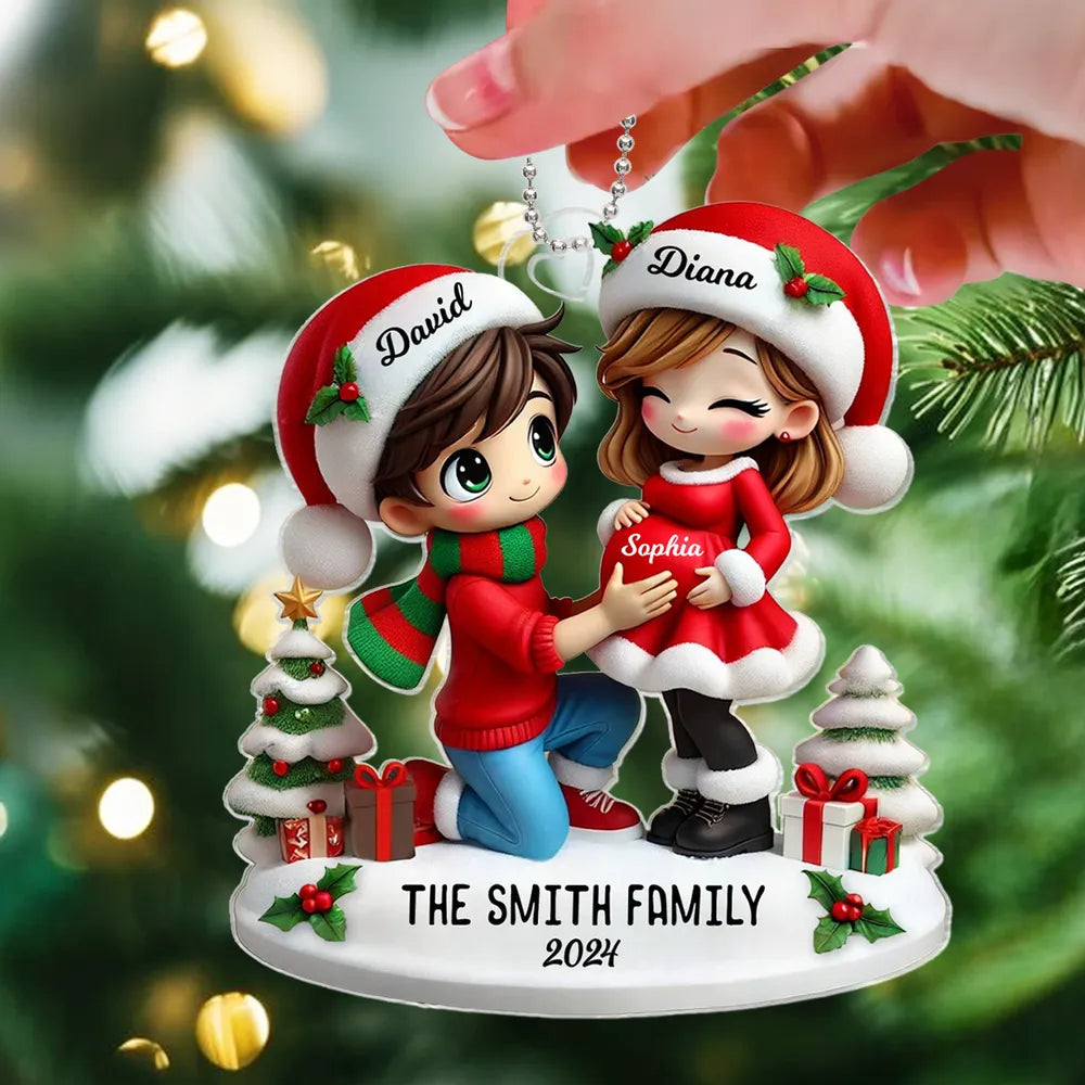 Christmas Acrylic Ornament - Expecting Couple with Santa Hats, Baby-Bump Moment, Festive Keepsake, a Unique Gift for New Mom & Dad