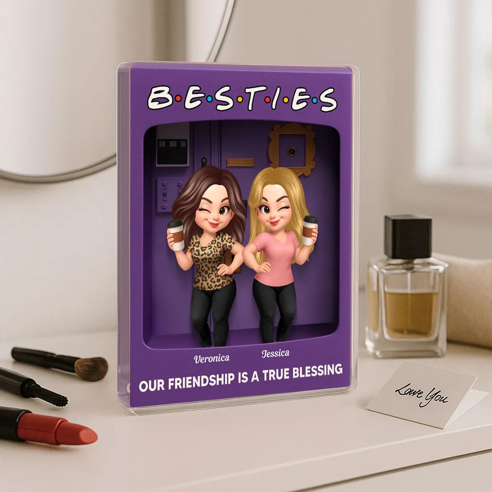 Rectangle Acrylic Block Plaque for Besties — cute characters holding coffee, purple backdrop, perfect friendship gift for birthdays, holidays, and everyday smiles