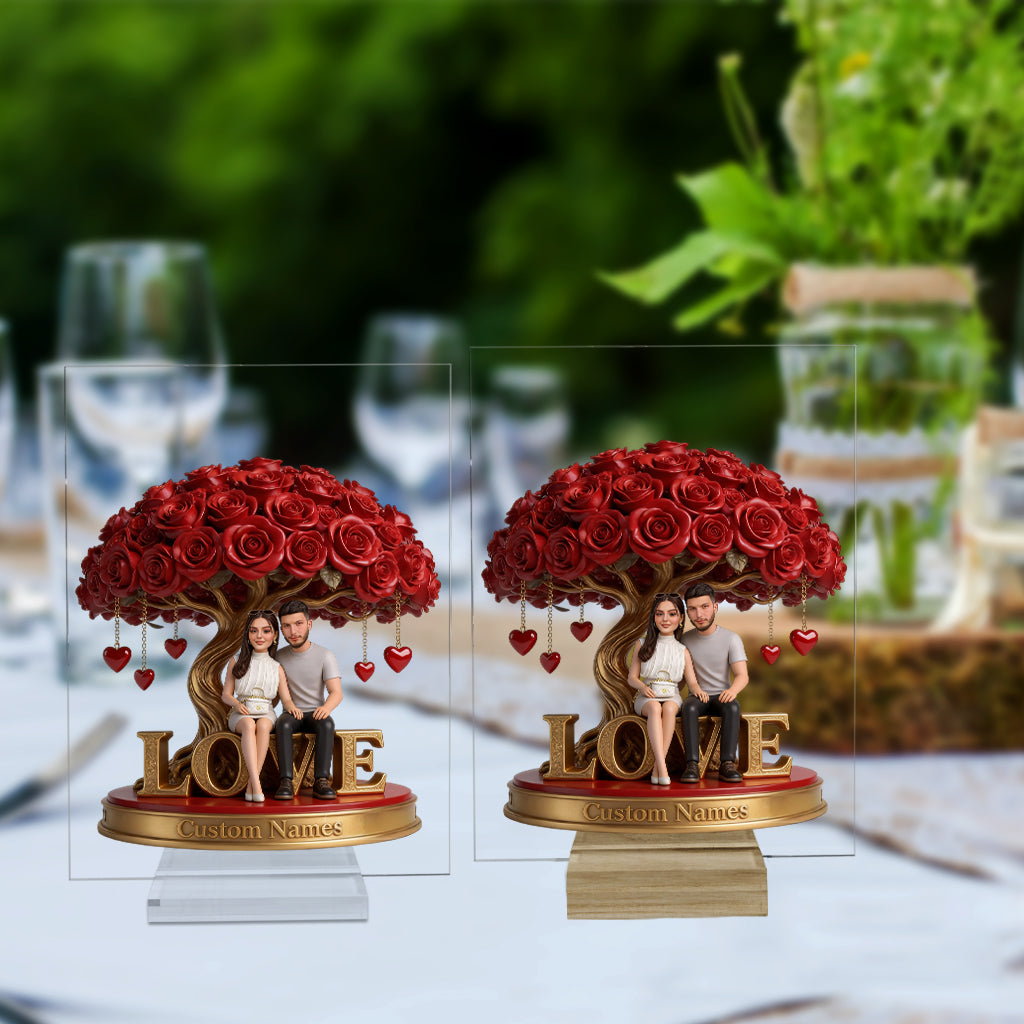 Custom Gay Couple Figurine Statue under Red Rose Tree, Engraved Name, Romantic Same Sex LGBT Anniversary Wedding Gift Home Decor