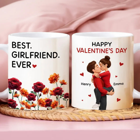 Personalized Valentine's Day Couple Kissing White Ceramic Mug with Birth Flowers, Cute Romantic Gift for Girlfriend or Boyfriend