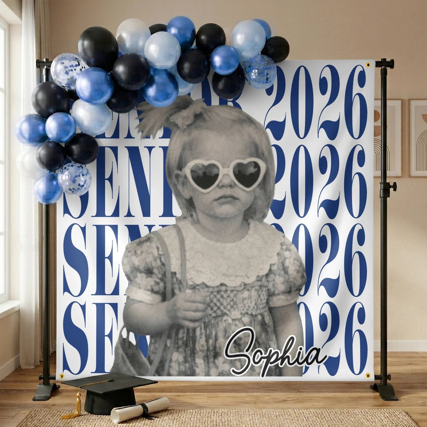 Personalized Graduation Backdrop Banner With Vintage Photo Look, Blue Class Celebration Decor, Unique Creative Gift