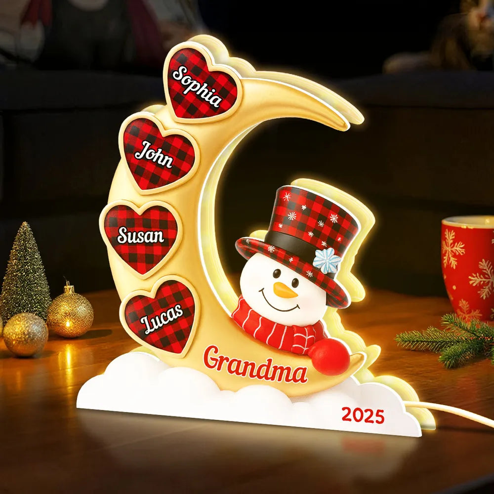Snowman Moon Acrylic Light Box, Custom for Grandma, Cozy Christmas Decor with Soft Warm Glow, Unique Keepsake Gift