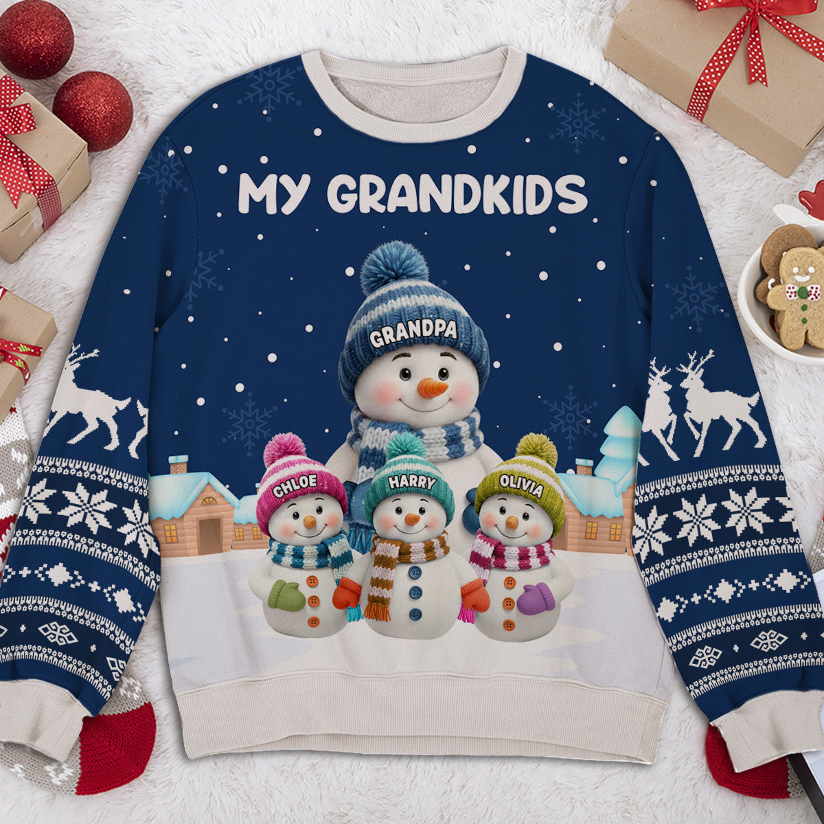 Christmas Sweatshirt for Grandparents, cute snowman family in snowy village, warm and soft, a unique gift for Grandma