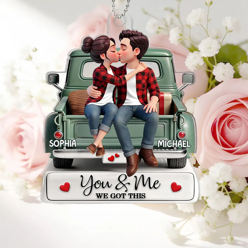 Personalized Acrylic Car Hanger Couple Kissing on a Truck, You & Me We Got This Mirror Decor, Unique Gift